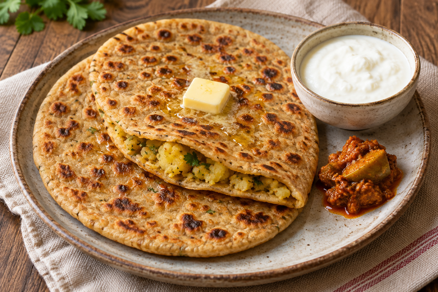 Garam aloo parathe, dahi aur achaar ke saath